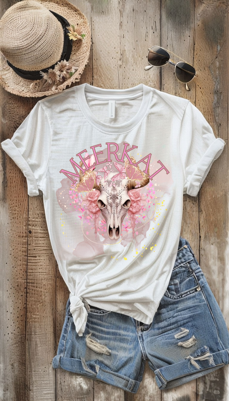 MEERKAT T-SHIRT PINK SKULL WITH BUTTERFLIES