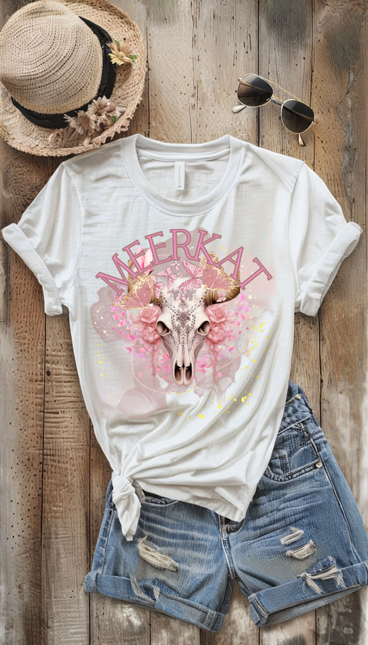 MEERKAT T-SHIRT PINK SKULL WITH BUTTERFLIES